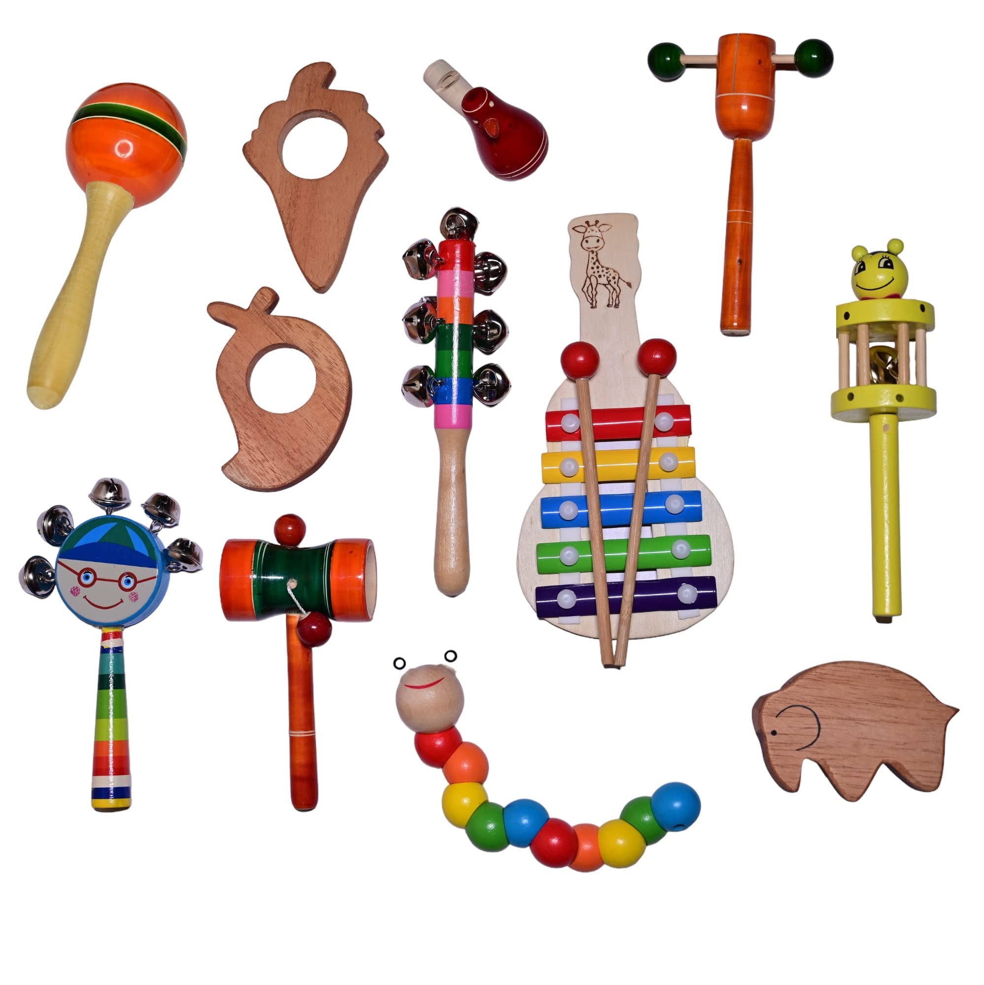 CHANNAPATNA TOYS Wooden Rattles Toys for Baby, Teethers, Twisting Toy & Bird Whistle New Born Baby Toys, Infants, Kids - Set of 12 pcs - Non Toxic Multi Color - Develops Sensory Skills N2