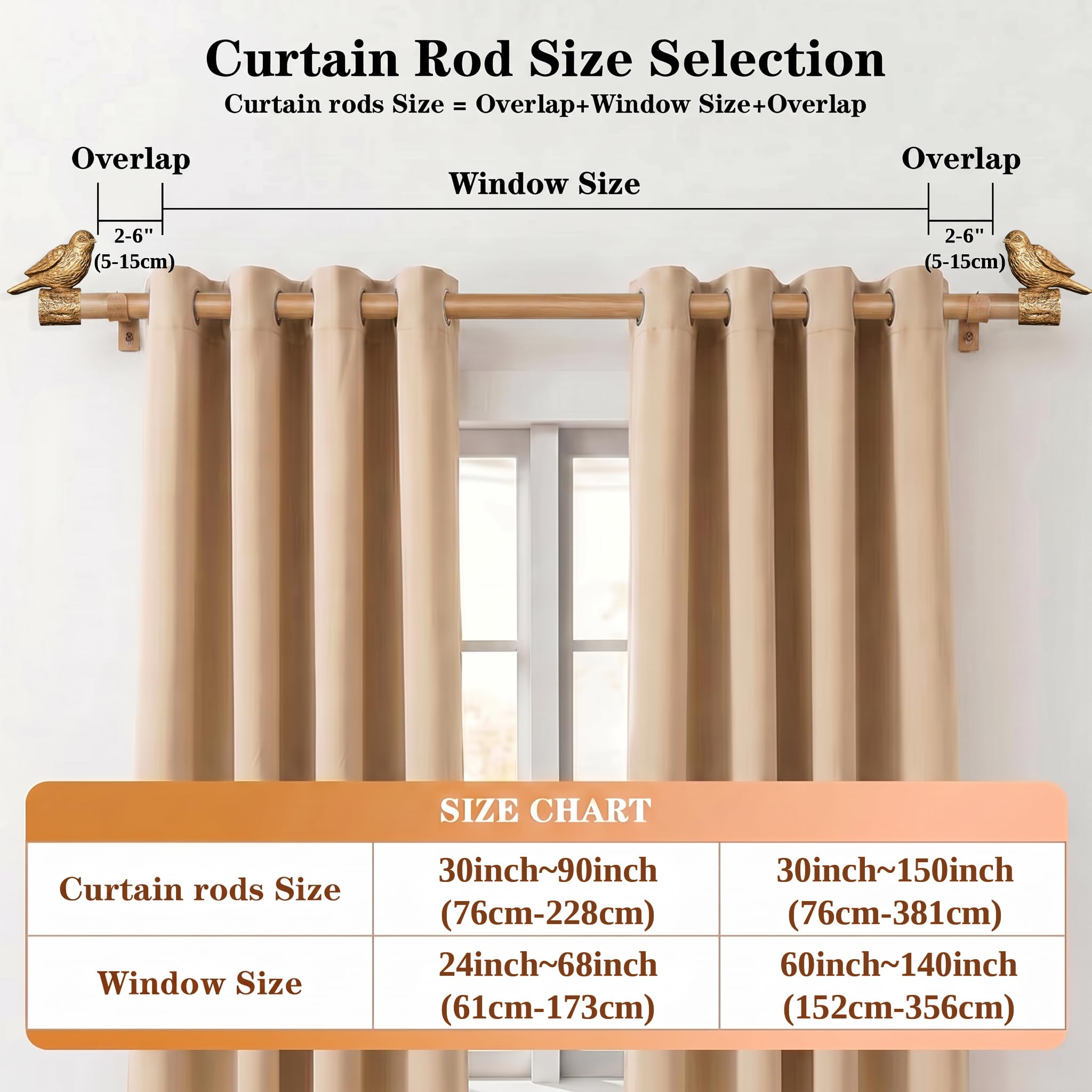 Tringle à Rideau Décorative Aspect Bois Télescopique avec Embout Oiseau, réglable 76-228cm tringle Métal pour fenêtres standard salon chambre cuisine baie vitrée, 25mm, supporte 13,6 kg