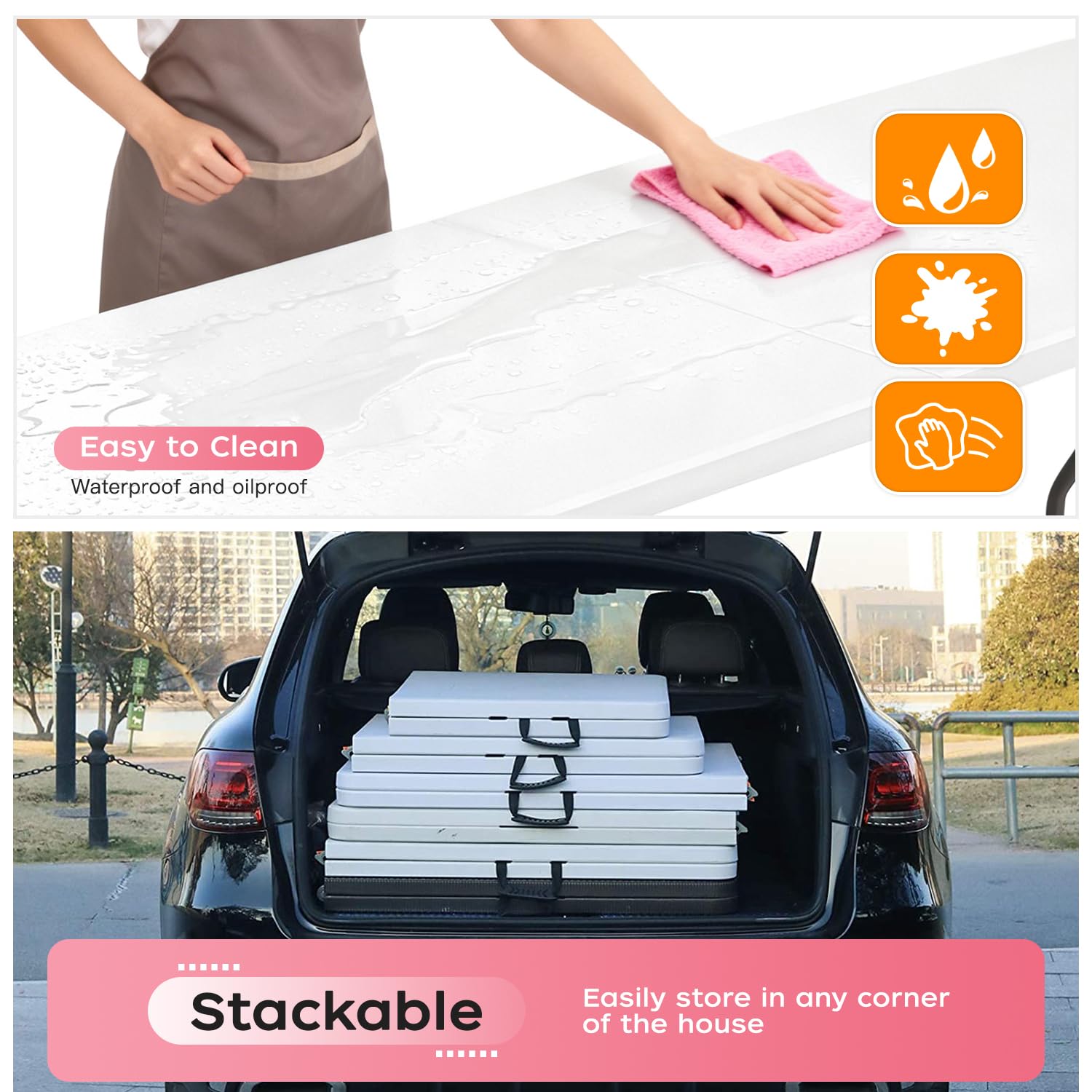 FDW Tavolo pieghevole da 2,4 m, portatile, pieghevole, in plastica, per picnic, feste, con maniglia per il trasporto (bianco, 2,4 m)