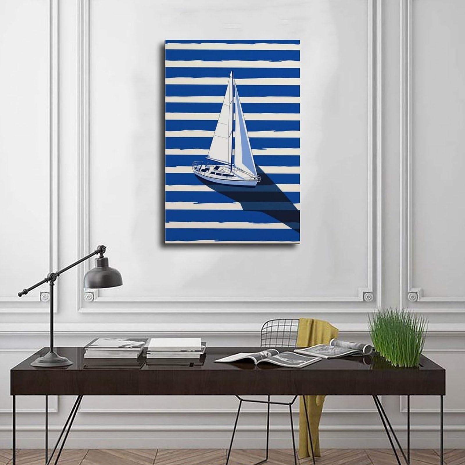 Minimalistisches nautisches Segelboot, Segelboot, blauer Ozean, Dekoration, Leinwandposter, Wandkunst, Druck, Bild, Gemälde für Wohnzimmer, Schlafzimmer, Dekoration, 50,8 x 76,2 cm (L x B)