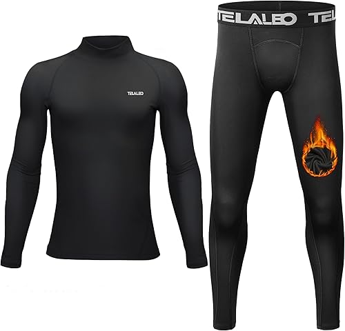 TELALEO Boys' Girls' Long Sleeve Compression Shirts Thermal Fleece Lined Kids Athletic Sports Tops Leggings Baselayer Set