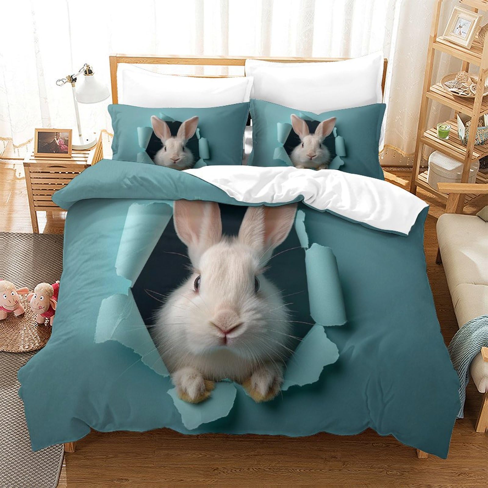 P1S9U7W5Y 3D Printed Playful Bunny Duvet Cover Set 3pcs Microfiber Cute Rabbit Bedding Set Double（200x200cm）