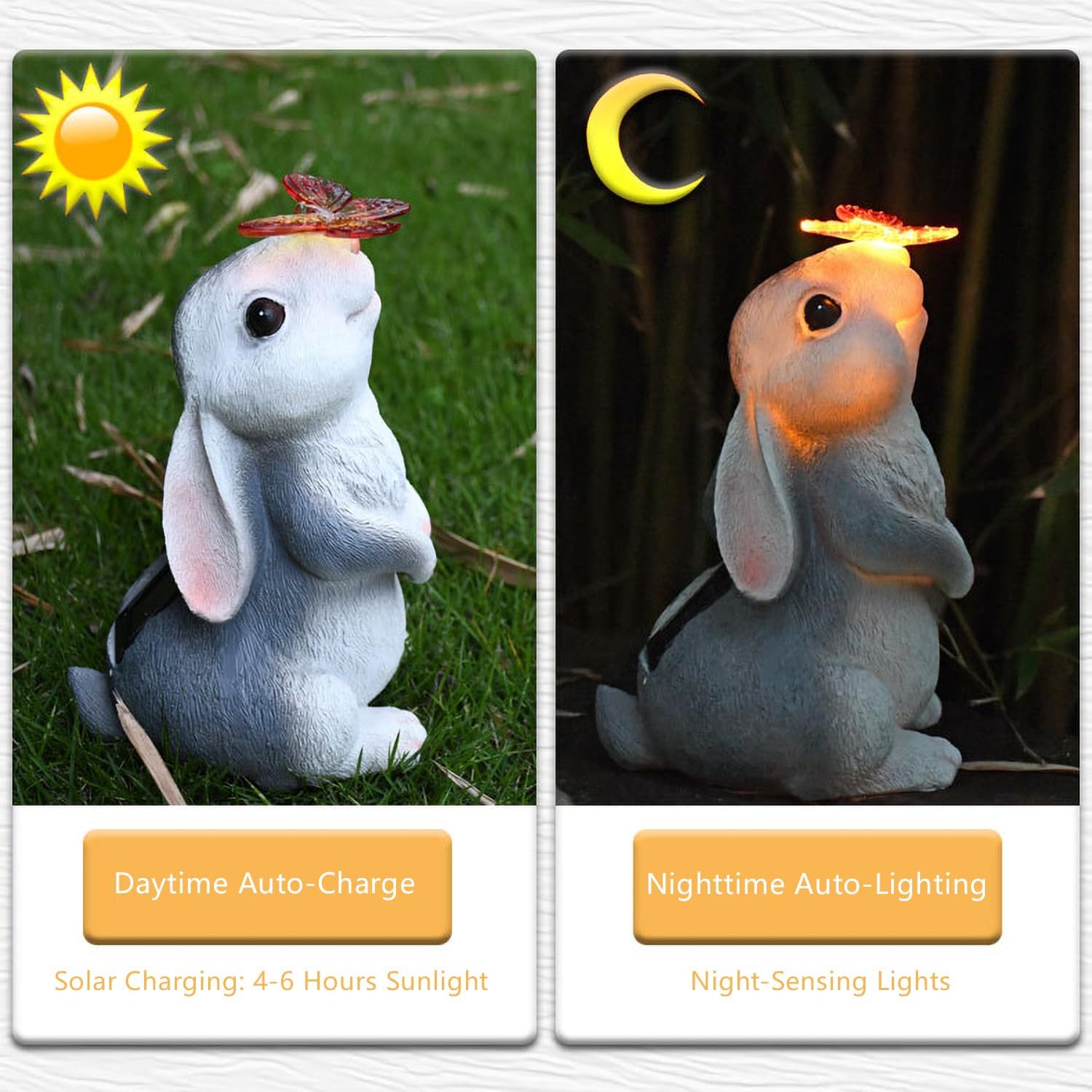 Solar Garden Statue Outdoor Decor Rabbit Figurines with LED Butterfly Lights, Bunny Statues Patio Ornament Decor for Lawn Balcony Yard, Gifts for Mum Grandmom on Birthday Mother's Day