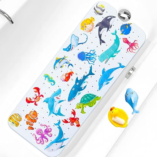 Tapete de baño para bebé para bañera antideslizante, extra largo de 40 x 16 pulgadas, tapete antideslizante con ventosas y orificios de drenaje,