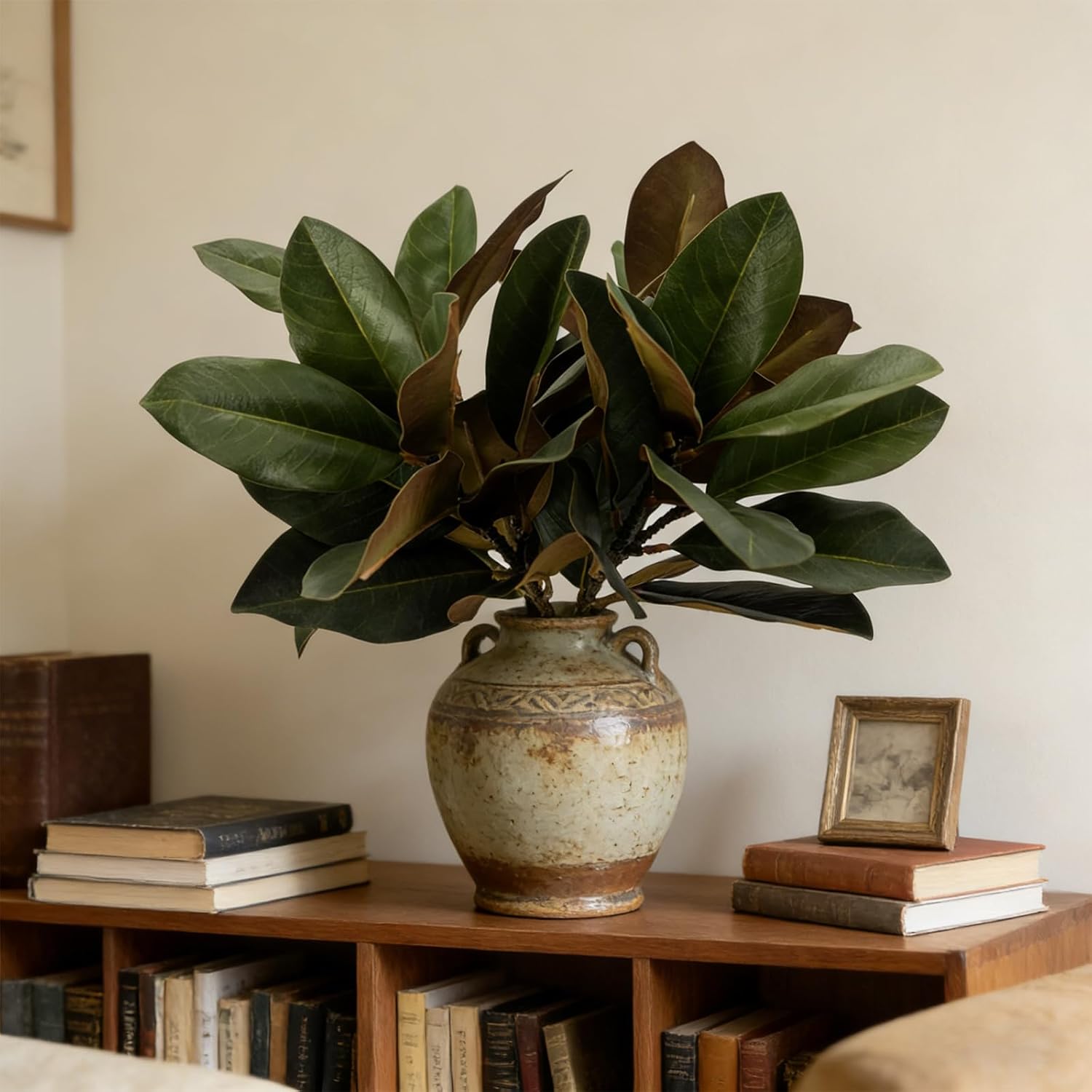 Magnolia Artificial Leaves Branches, 3D Magnolia Stem Life-Like Faux Leaves Twigs for Indoor Vase Filling Home Office Hotel Table Decor, 4 Pack, 22 Inch