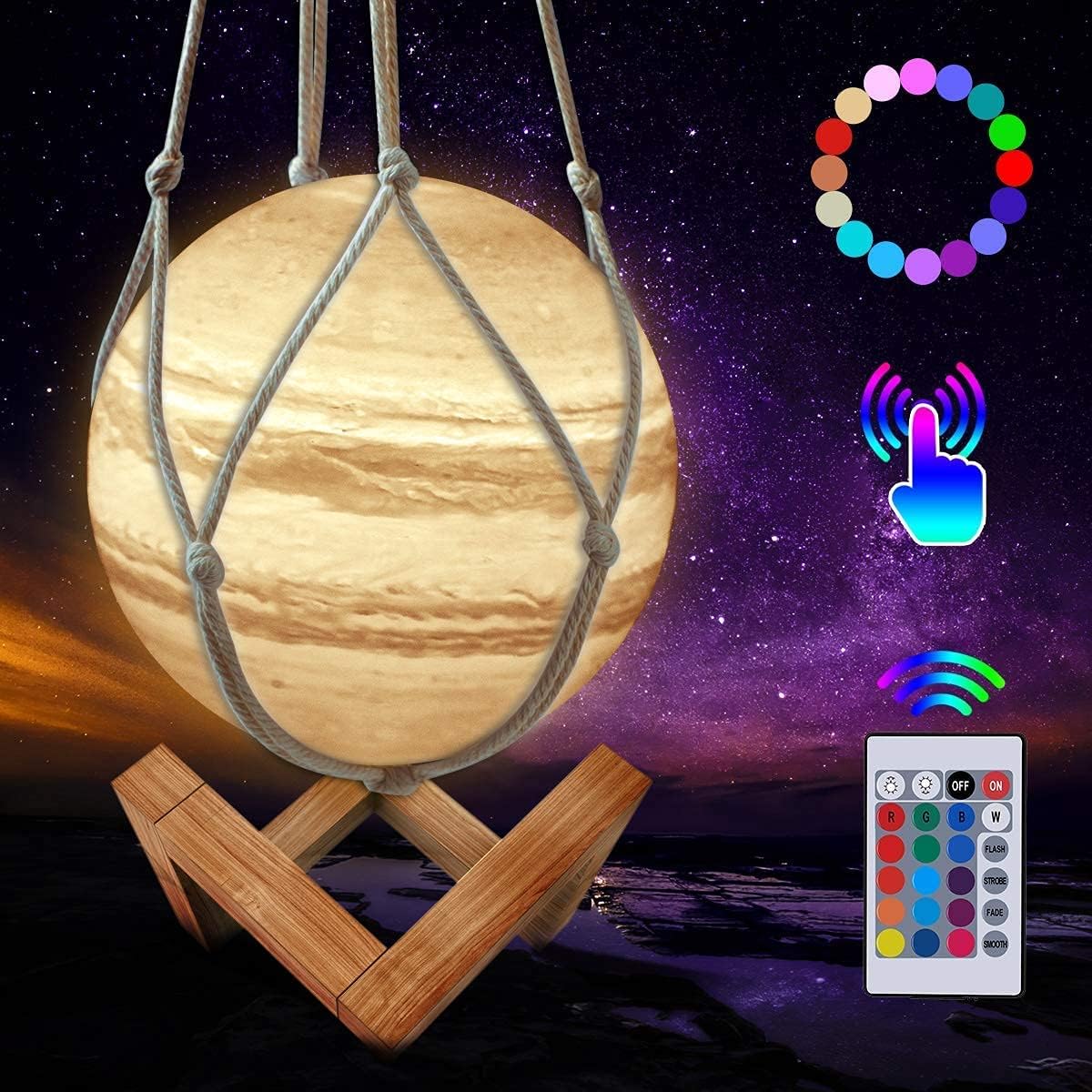3D Moon Lamp, 16 Colors LED Moon Light Jupiter Lamp, Dimmable Planets Mood Light with Wooden Stand and Hanging Net, Remote and Touch Control, Nice Gift for Kids Friends Families(5.9 inches)