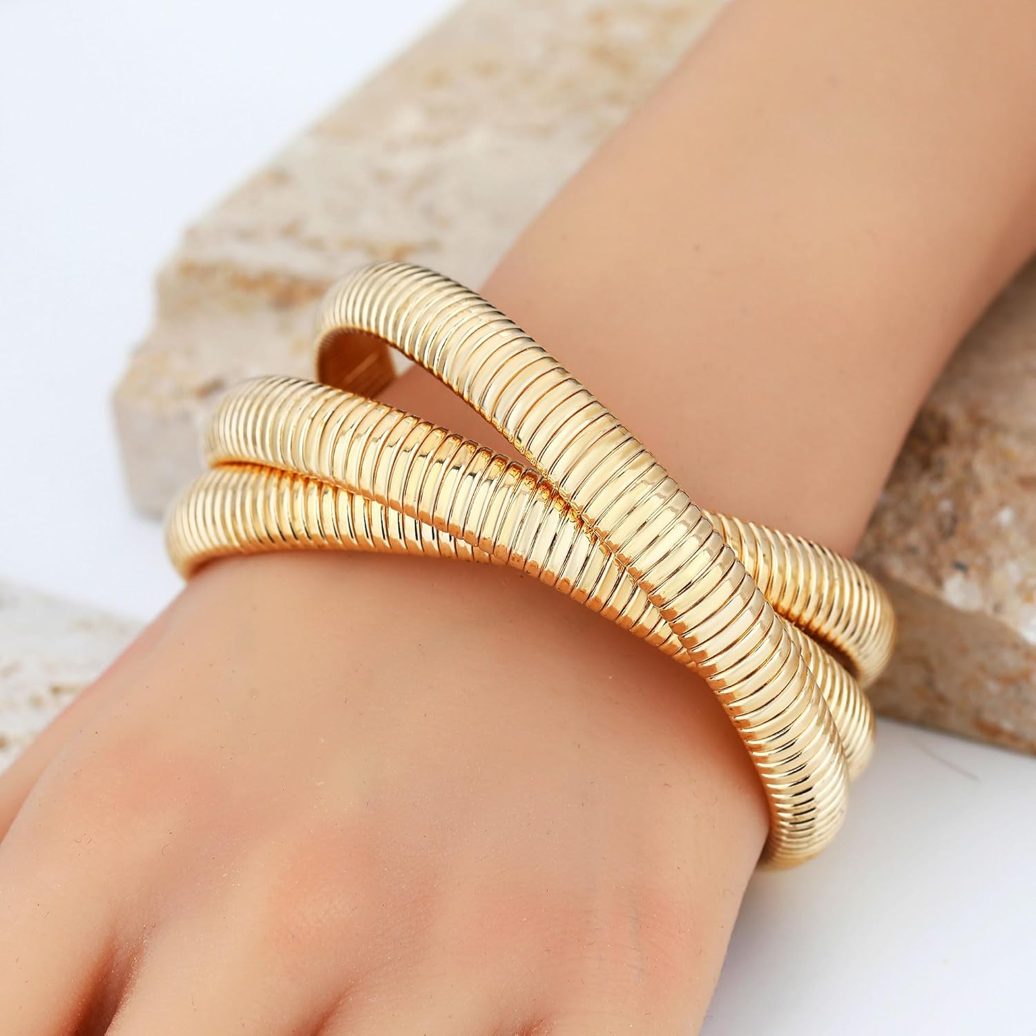 Chunky Gold Beaded Bangle Bracelet Set Stack for Women Men Stretchy Snake Link Chain Flexible Wide Wristband Bangles Bracelets - Image 4