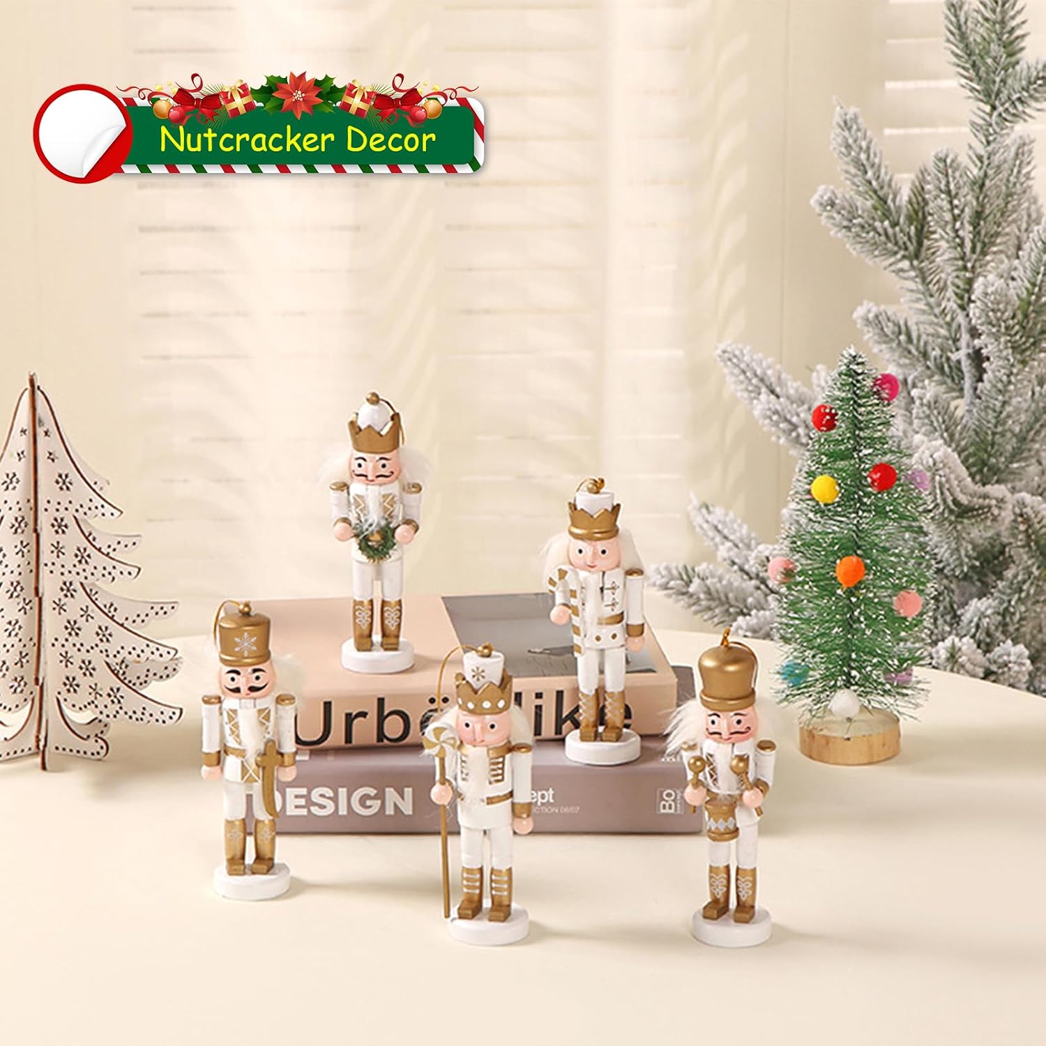5 PCS Christmas Nutcracker Ornament Set Wooden Nutcrackers Hanging Decoration Nutcracker Figures Christmas Decorations for Xmas Tree, Table Decor, Wall(Gold)