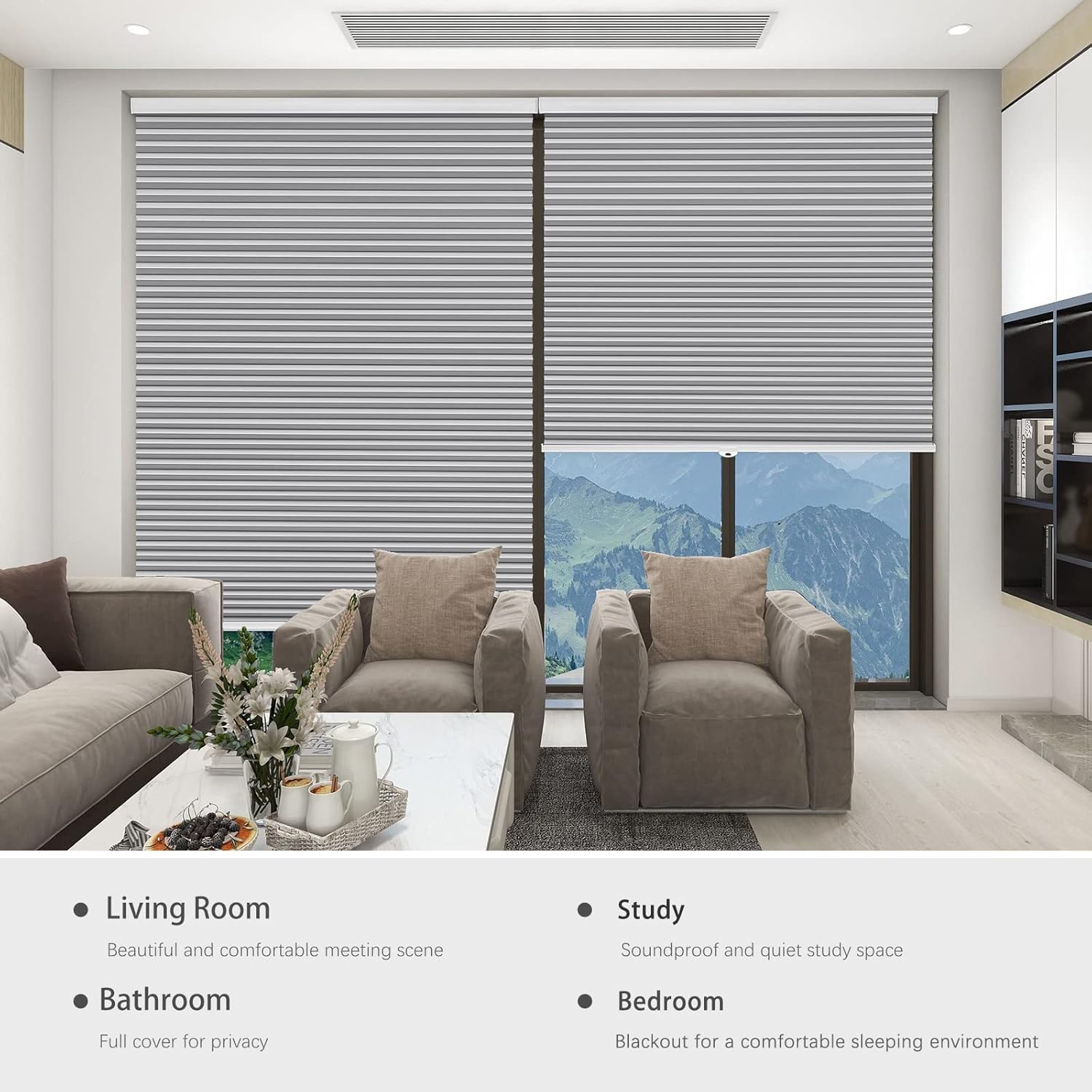 Changshade Cellular Blinds for Doors Indoor Windows, Blackout Cordless Honeycomb Shades Accordion 1" Cell No Drill No Tools Self Adhesive Peel and Stick On for Bedroom, Living Room, Bathroom, Grey