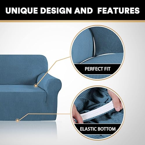 Miniatura 3 de PrinceDeco Funda elástica para sofá de 3 cojines, protector de muebles con parte inferior elástica antideslizante, apta para perros (sofá, azul
