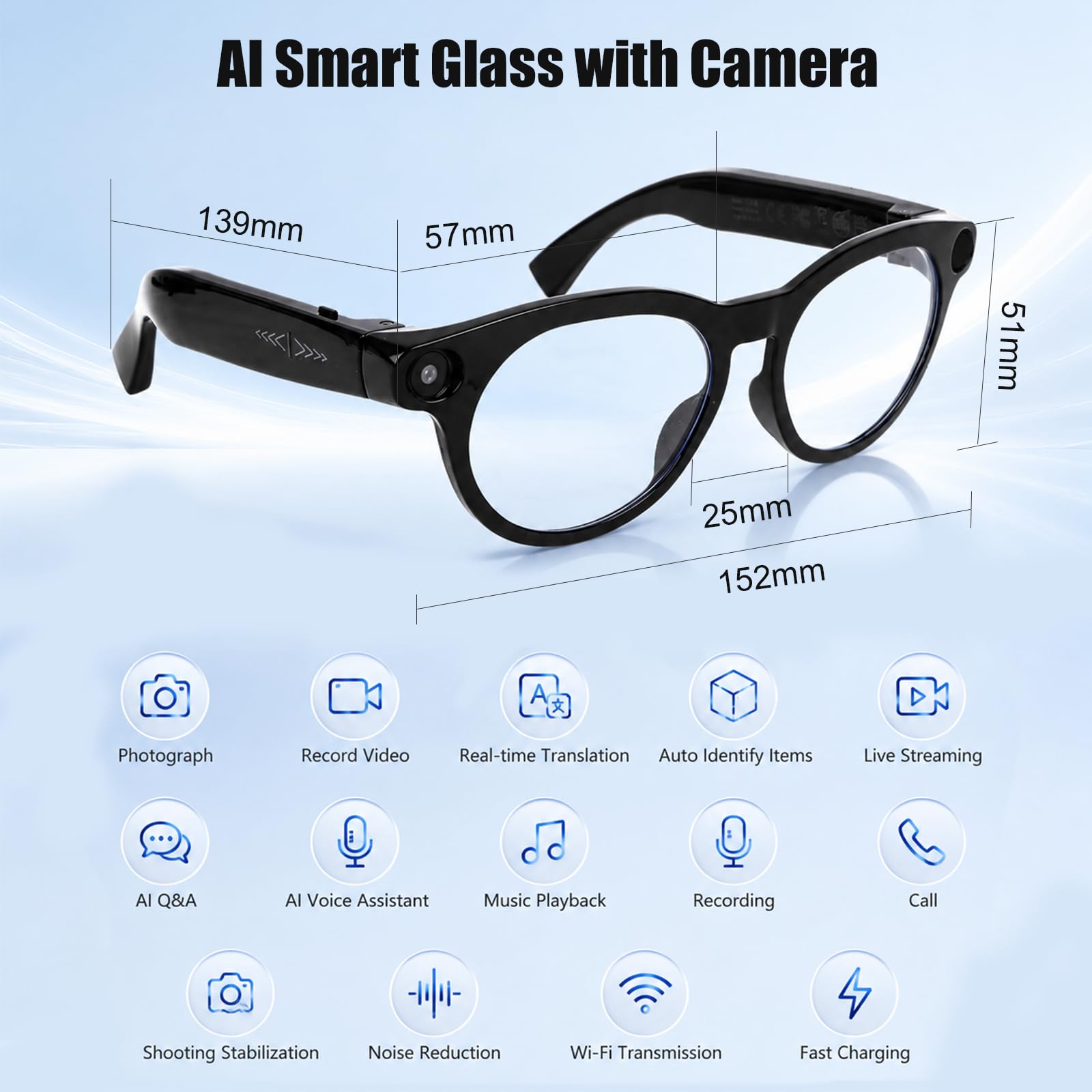 AI Smart Glasses con fotocamera 800W HD, 164 lingue, occhiali per uomo e donna, registrazione video 1080p, riconoscimento oggetti, Bluetooth, audio aperto, assistente vocale (nero1)