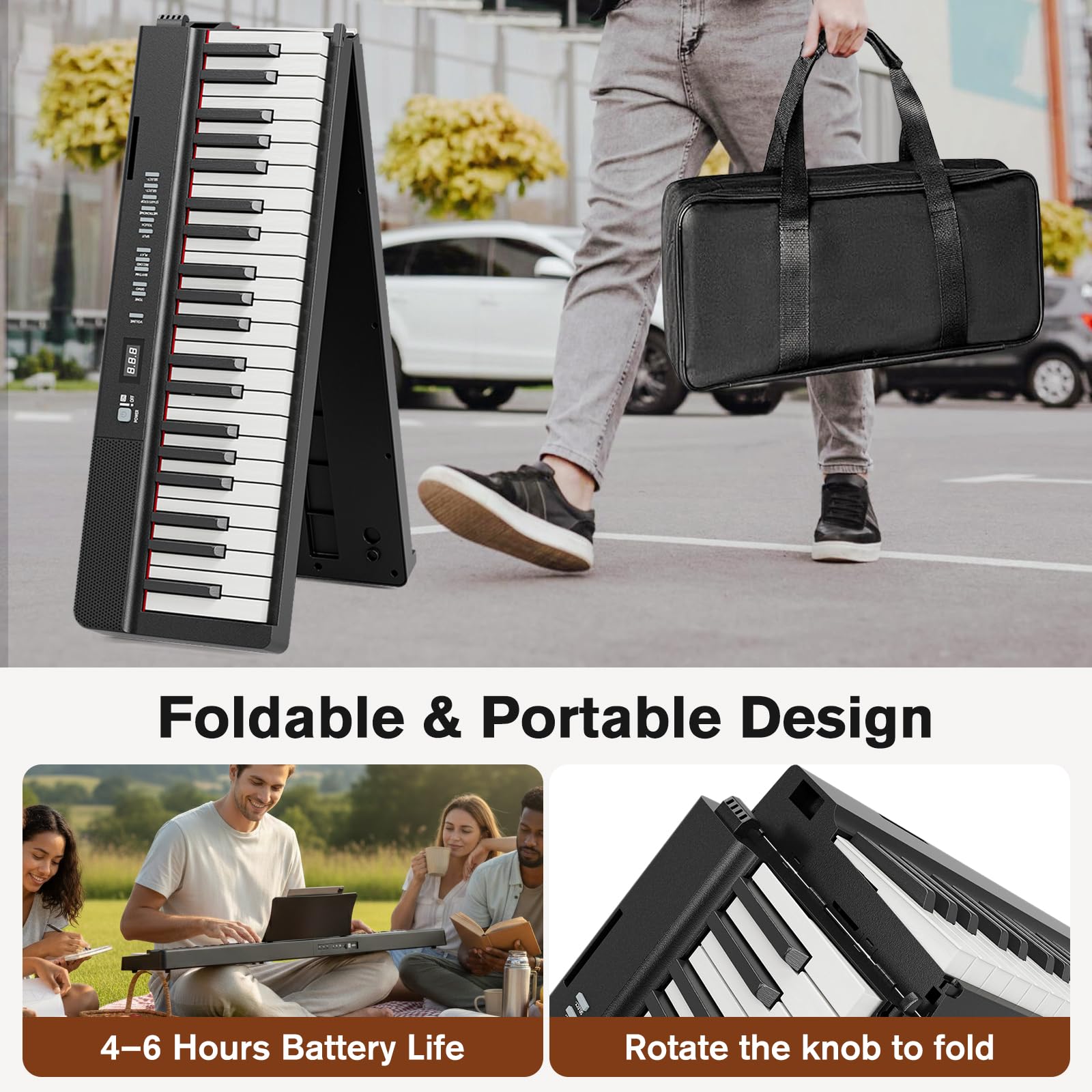 UMOMO Pianoforte digitale pieghevole a 88 tasti con tasti illuminati, pianoforte a tastiera semi-pesata full size con MIDI, pianoforte portatile elettrico per principianti con pedale sustain, borsa