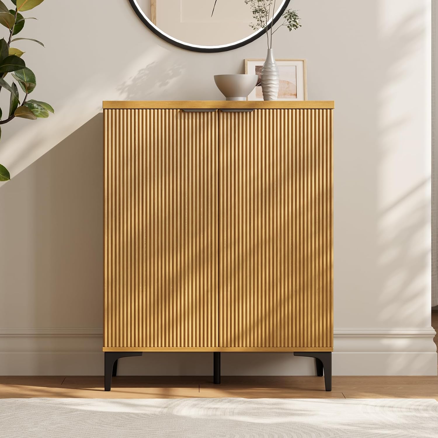 Fluted Sideboard Buffet Cabinet, 2 Doors Side Board Storage Cabinet, Buffet Cabinet with Line Groove Design,Side Board with Metal Legs and Handle, Buffet for Entryway, Natural Wood