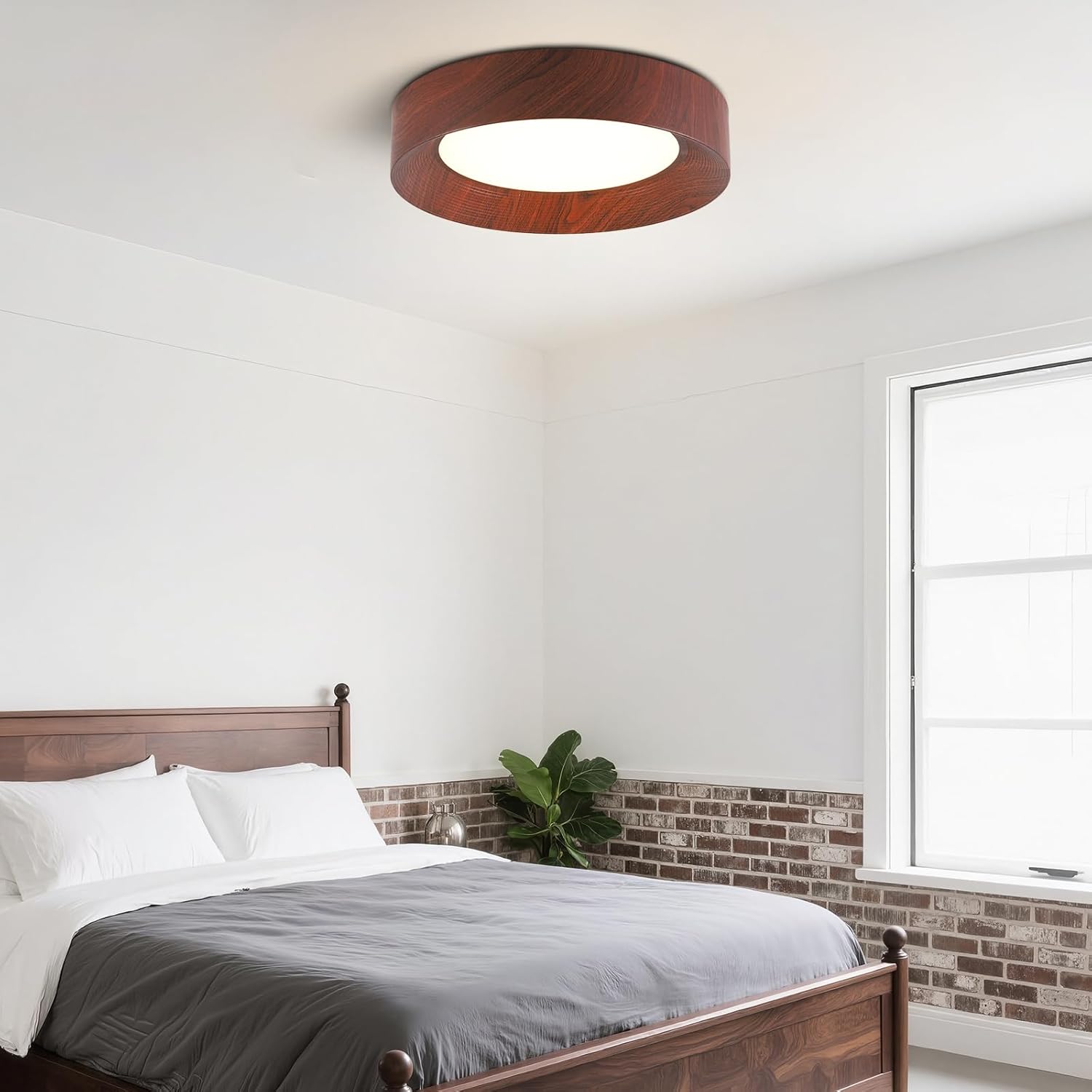 LED Wood Grain Flush Mount Ceiling Light Fixture, 19.7 Inch Modern Round Dimmable Ceiling lamp for Bedroom, Living Room, Kitchen, Entryway (Non-Wooden)