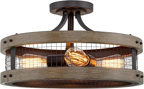 Kira Home Cooper - Lámpara de techo semiempotrada de 18 pulgadas, 4 luces, madera estilo nogal + acabado negro texturizado