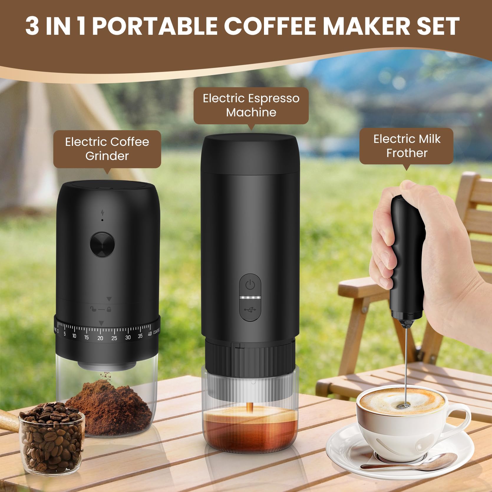 LAMA Juego de molinillo de café, espumador de leche, juego de cafetera portátil, máquina de café espresso eléctrica, máquina de cápsulas, compatible con pequeñas cápsulas de café y polvo de café para