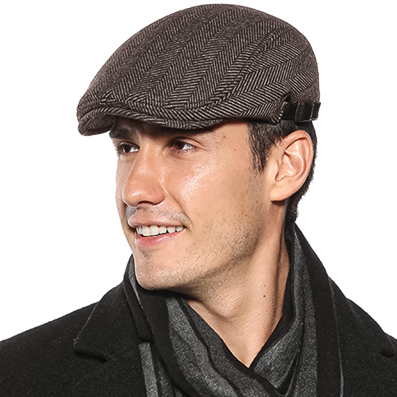 Aieoe Men's Brown Herringbone Tweed Beret Hat Adjustable Duckbill Ivy Beret Hat Newsboy