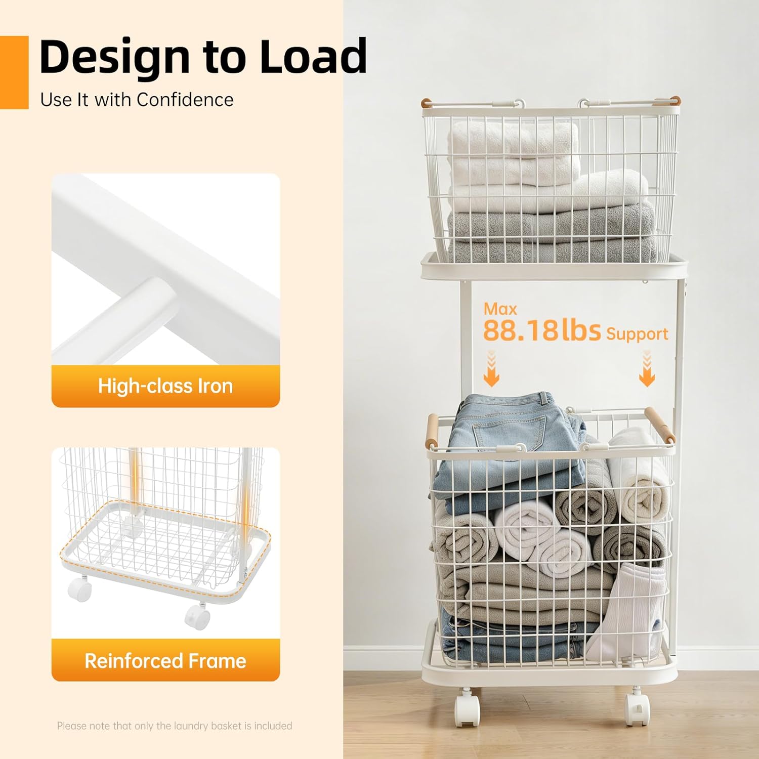 2 Tiers Laundry Basket with Wheels, Rolling Laundry Sorter Baskets Removable Wire Laundry Basket Shelf Stackable Laundry Baskets Laundry Basket Holder Vertical Laundry Sorter for Bedroom