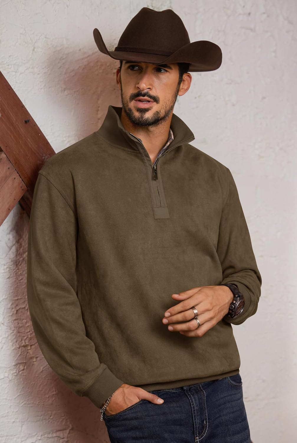 Mens Western Quarter Zip Pullover Midweight Mock Neck Suede Fabric Casual Sweatshirts (S-XXL) - Image 2