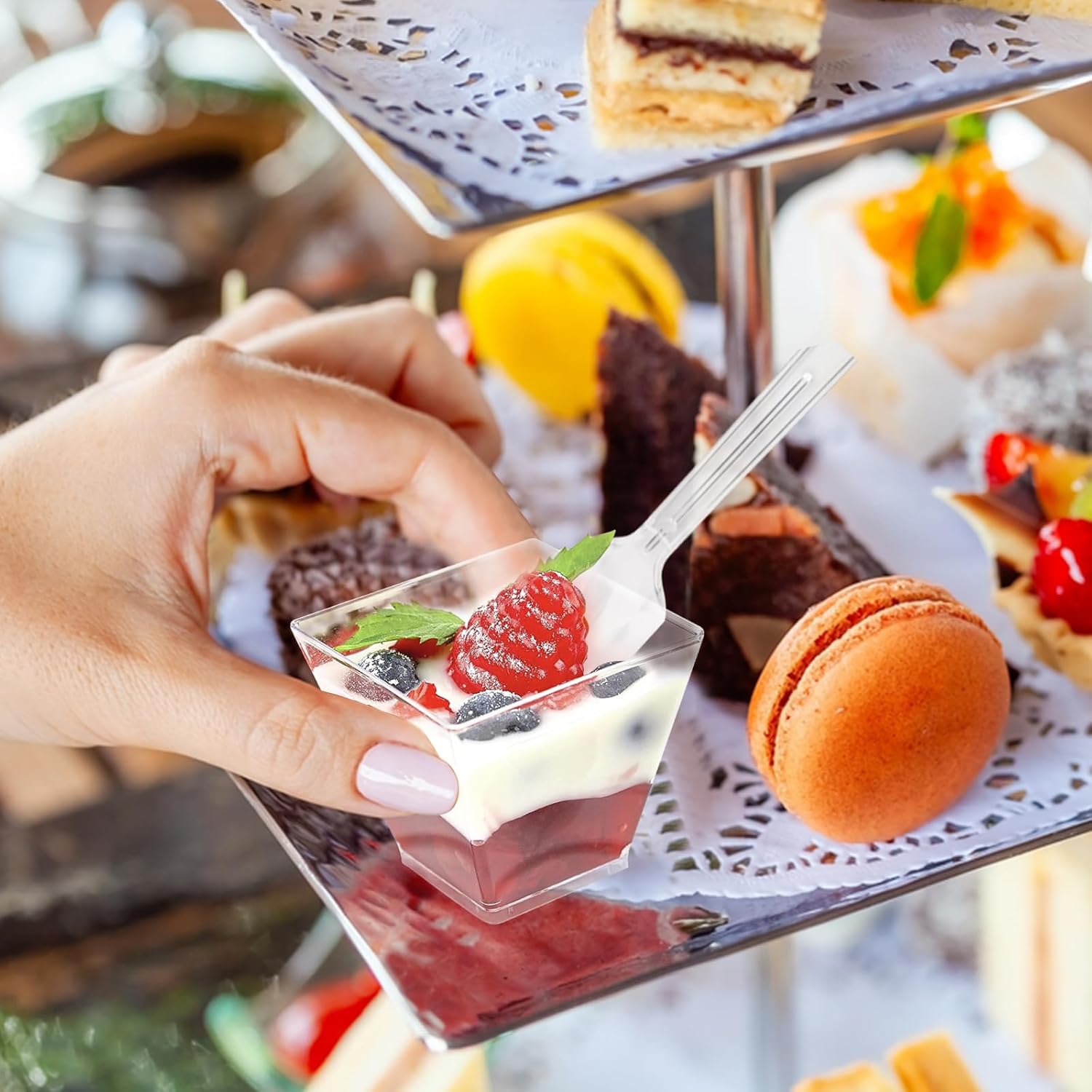 100 Pack 4 oz Plastic Dessert Cups with Lids and Spoons, Disposable Pudding Parfait Jello Shooter Cups for Party Serving, Clear to Go Ice Cream Trifle Bowls for Fruit Yogurt Appetizer Snack Nuts - Image 4