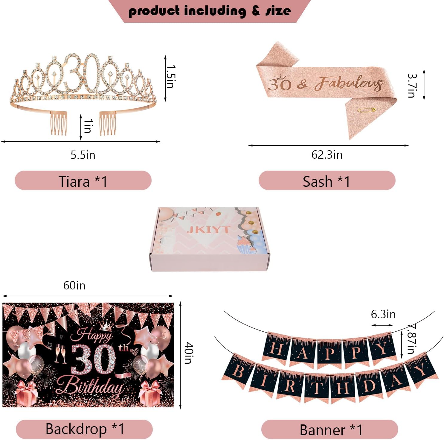 Happy 30th Birthday Decorations for Her, Black Rose Gold 30 Years Old Decor for Women Include Sash and Crown, 30pcs Balloons Banner 40" Number Balloons, Backdrop Cake Topper & Paper Pom Poms