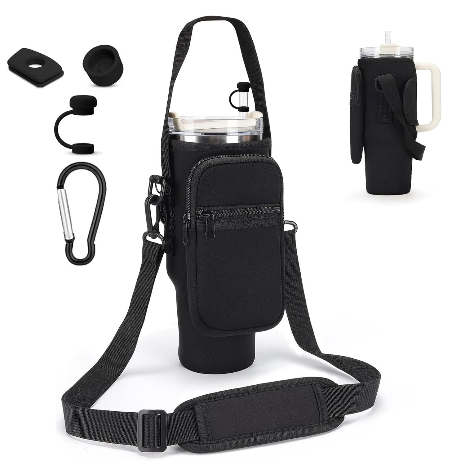 AIROLDI Tasche für Stanley Cup 1.2L / 40oz Stanley Cup Zubehör, Wasserflasche Tragetasche mit Handyfach, Karabiner und Verstellbarem Schultergurt, für Reisen Zum Wandern Laufen Radfahren (Schwarzß)
