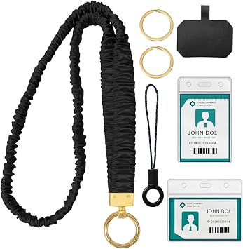 Stretchy Scrunchie Lanyard for ID Badges Holder, Cute Retractable Neck Strap for Keys for Women Teacher, Nurse, Doctor Office Employees Women, with 2 Card Holders 19 Inch Black