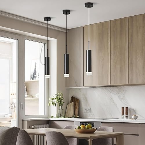 Miniatura 5 de Luces colgantes cilíndricas negras, mini iluminación colgante de mediados de siglo, modernas luces colgantes para isla de cocina, juego de 3