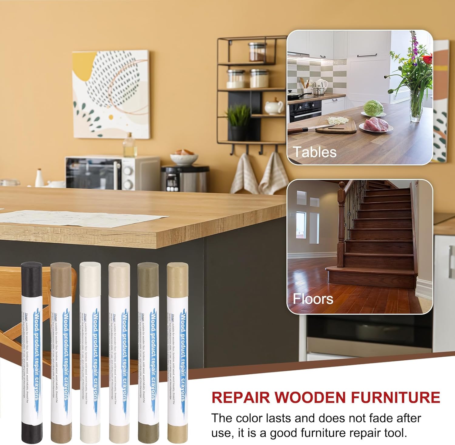 Generic Wood Filler Sticks 6 Colors Wooden Wax Touch Up Furniture Repair Crayons for Light Brown Gray, Deep Mellow Yellow, Dim Gray, Deep Chocolate, Light Dim Gray, Light Taupe