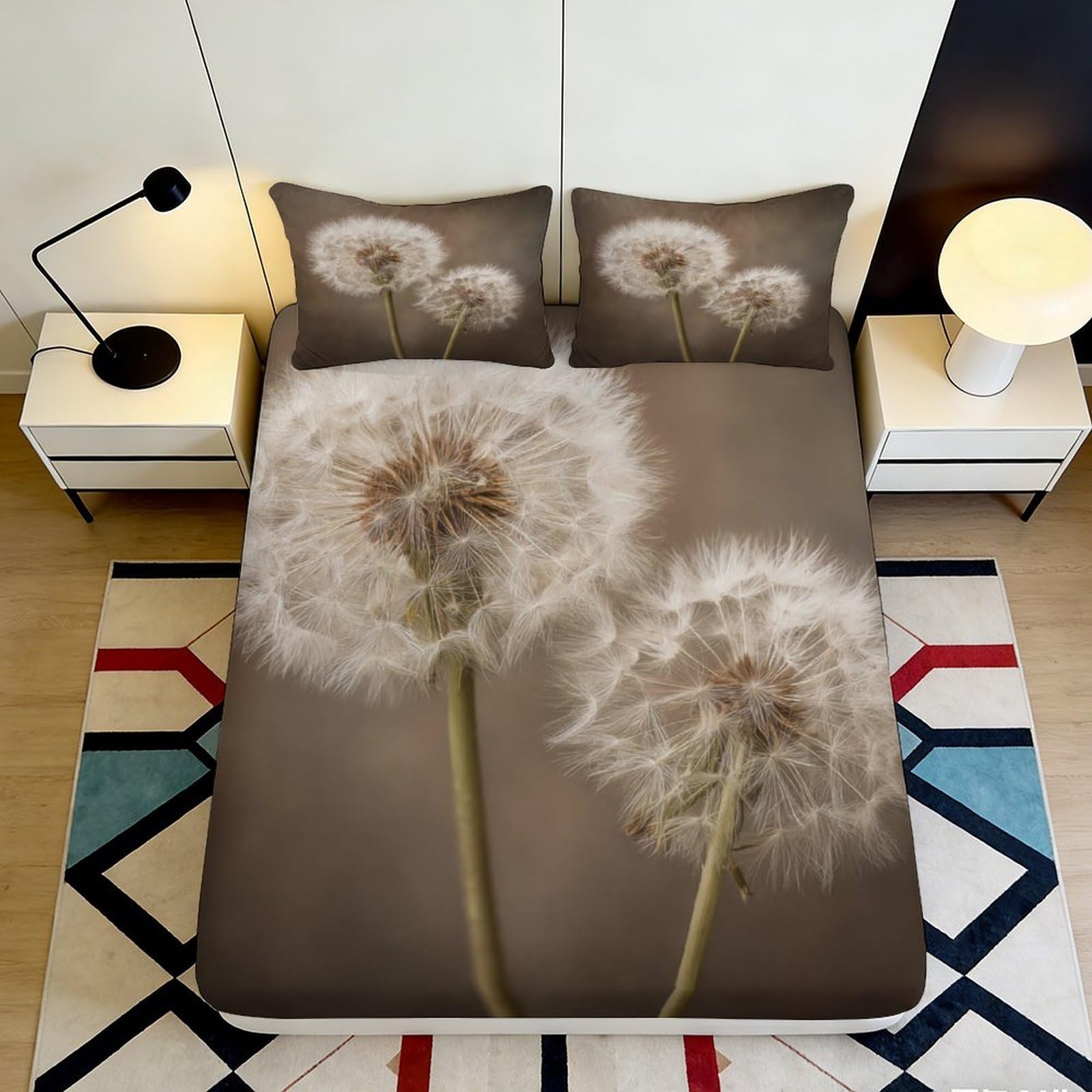 3D Printed Dandelion Fitted Sheet Microfiber Deep Pocket Non-Slip for Bedroom Bedding Dandelion Mattress Fitted Cover Washable 120x200x25cm