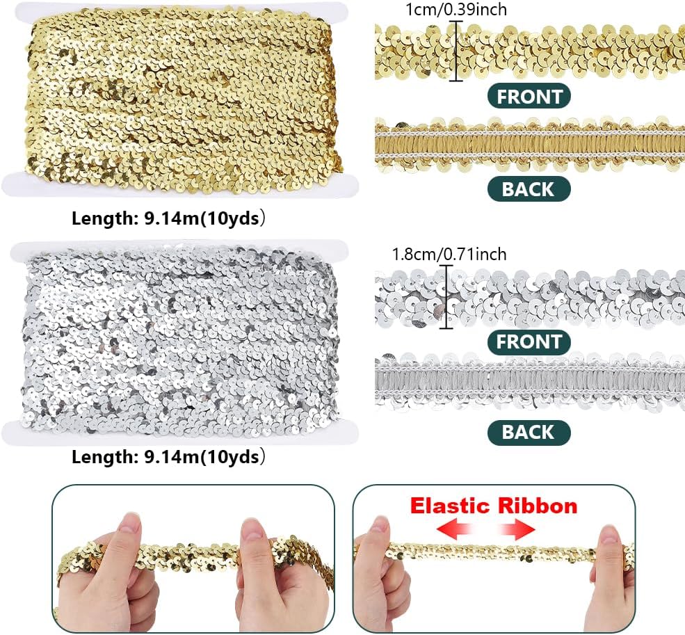 PH PandaHall 20 Yards Stretch Sequin Trim Elastic Polyester Fabric 18mm 20mm Glitter Metallic Stretch Flat Sequin for Crafts Sewing Wedding Costume Dress Embellishment Headband, Gold & Silver