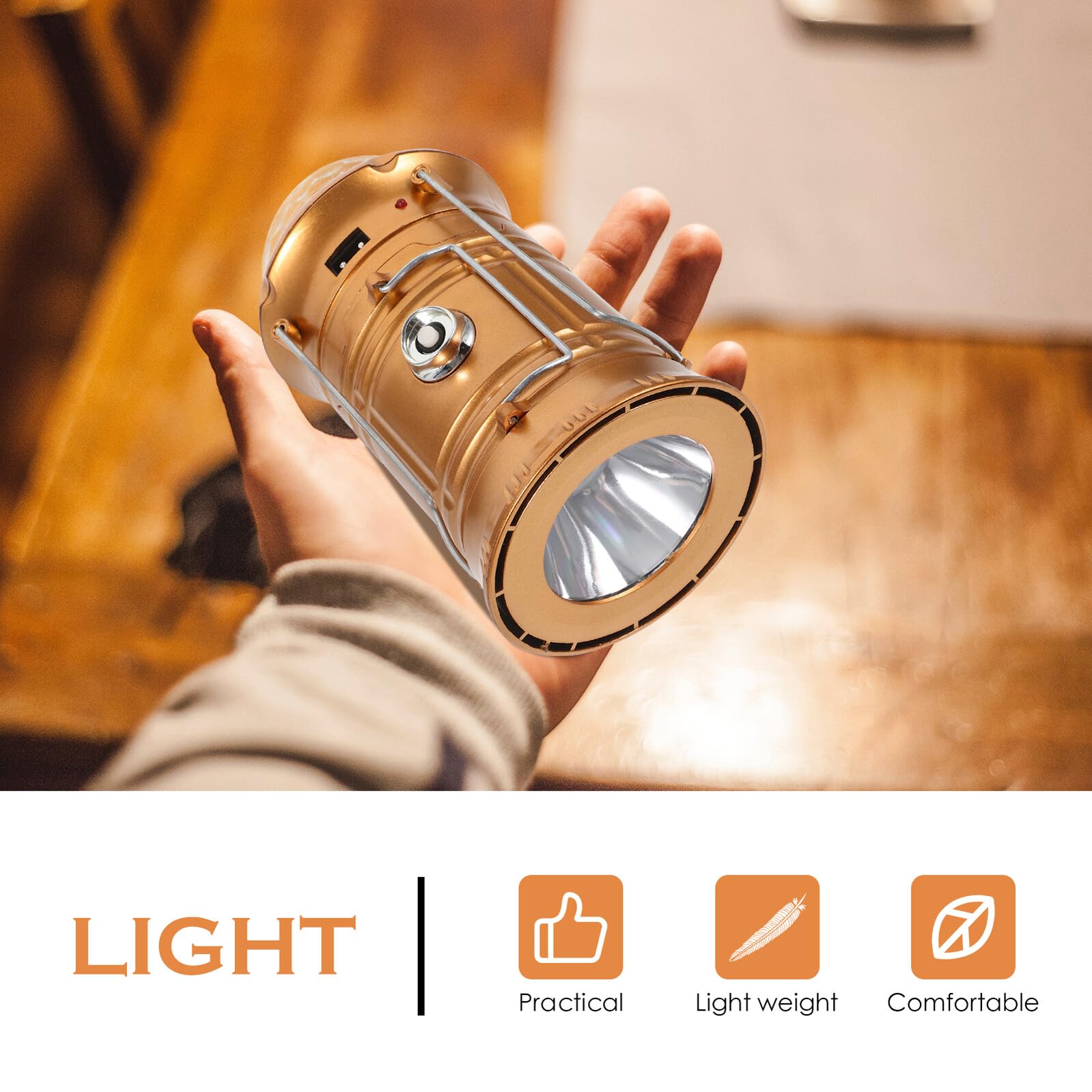 Lámpara LED Recargable para Camping, Luz de Emergencia Dorada | Abs Plástico Portátil y Ligera Asa Ajustable y Giratoria para Senderismo y Acampada