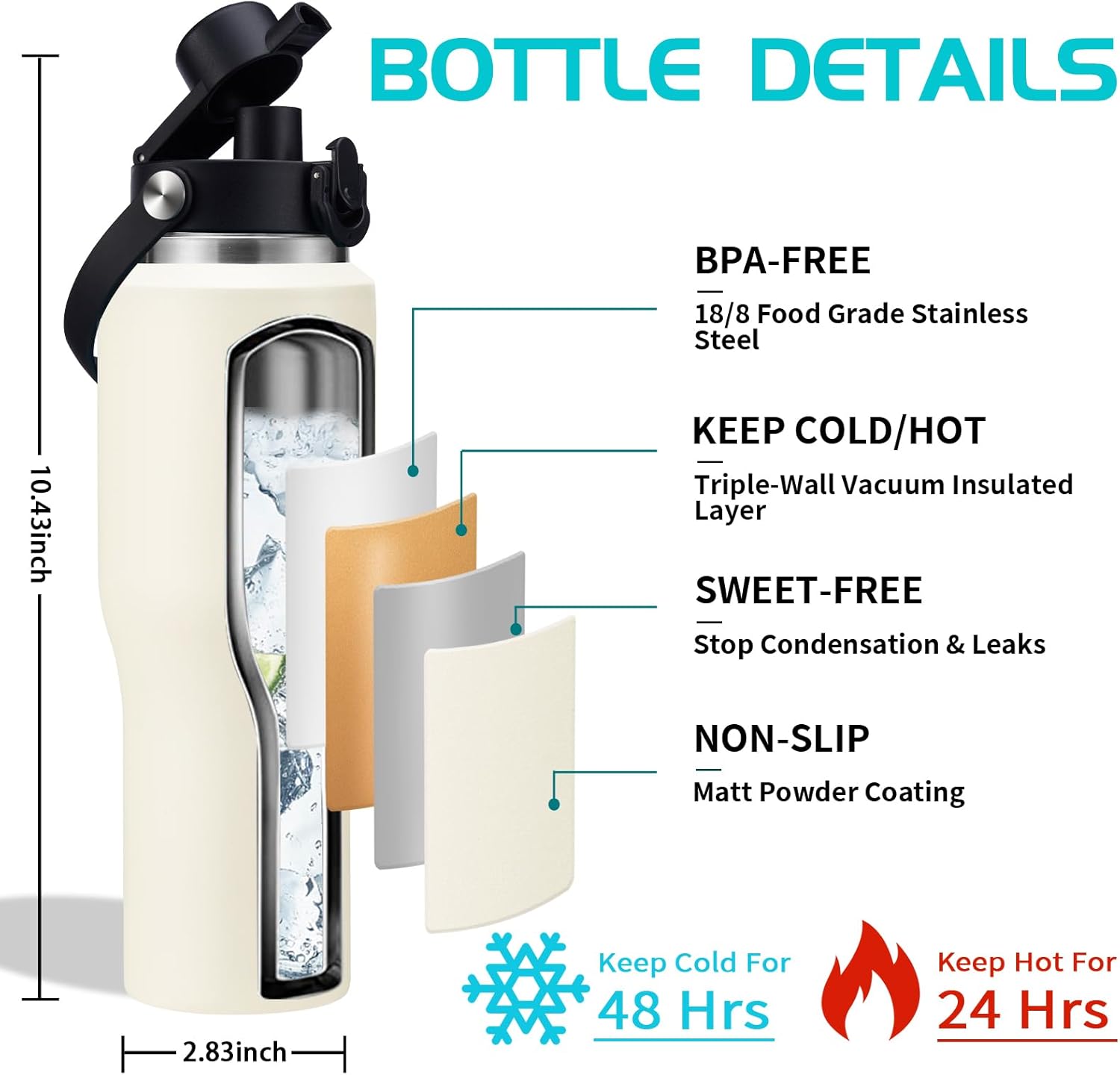 32/40 OZ Water Bottle with Carrying Case, Stainless Steel Insulated Bottle with Lid and Straw, Double Wall Vacuum Thermal Cup Fit in Car Cup Holder for Travel Drive - Image 3