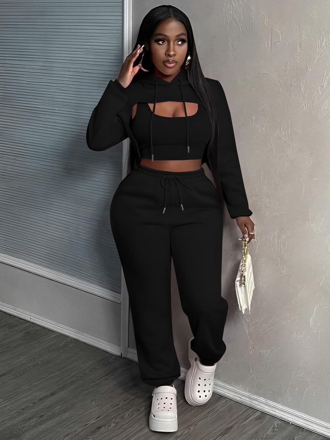 Women 3 Piece Sweatsuit Set Sexy Long Sleeve Pullover Cropped Hoodie Tank Top and Jogger Sweatpants Tracksuit - Image 2