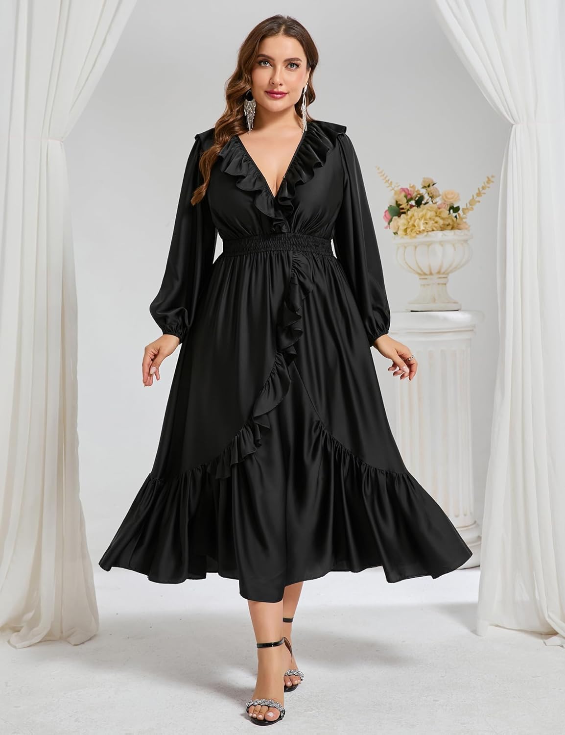 Plus Size Ruffle Long Sleeve V-Neck Smocked Waist Maxi Satin Dress Formal Cocktail Wedding Guest Holiday Dresses - Image 8