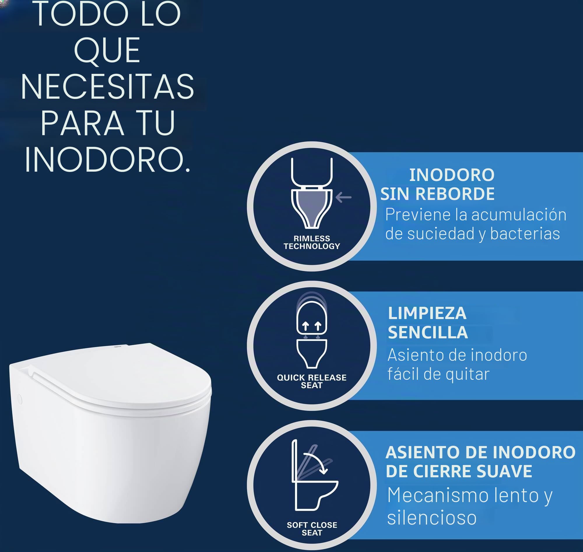 GROHE Start 103848SH00 - Juego de inodoro redondo de cerámica para cisterna oculta (asiento y tapa de cierre suave Duroplast, inodoro sin borde, lavado, salida horizontal, volumen de descarga de 3/5