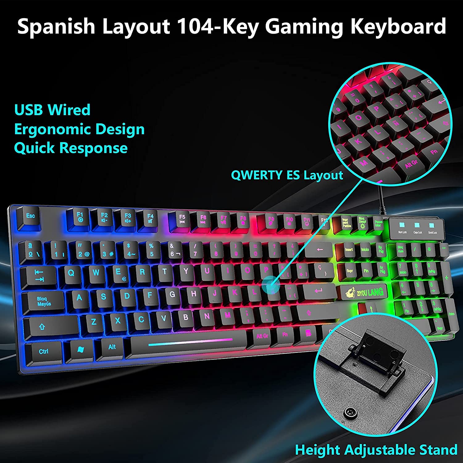 ZIYOU LANG T13 [Español QWERTY] Teclado y Raton Gaming Rainbow LED 104 Teclas para Teclado Mecanico Sentir Gamer 2400 dpi Retroiluminado Raton con Alfombrilla para PS5 PC Laptop Mac - Negro
