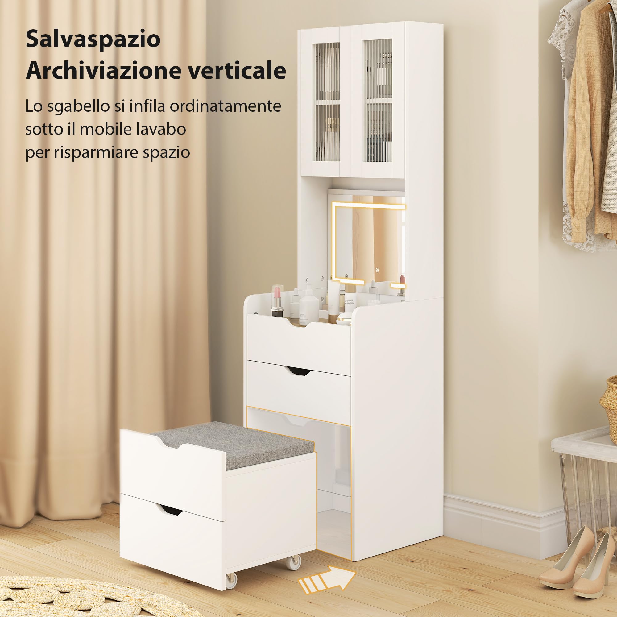 HOMCOM Postazione Trucco con Luci LED a 3 Colori, Specchio a Ribalta, Toeletta Trucco Moderna con Sgabello Imbottito a Scomparsa, 3 Cassetti, Armadietto con Ante in Vetro, Scomparto, Bianco