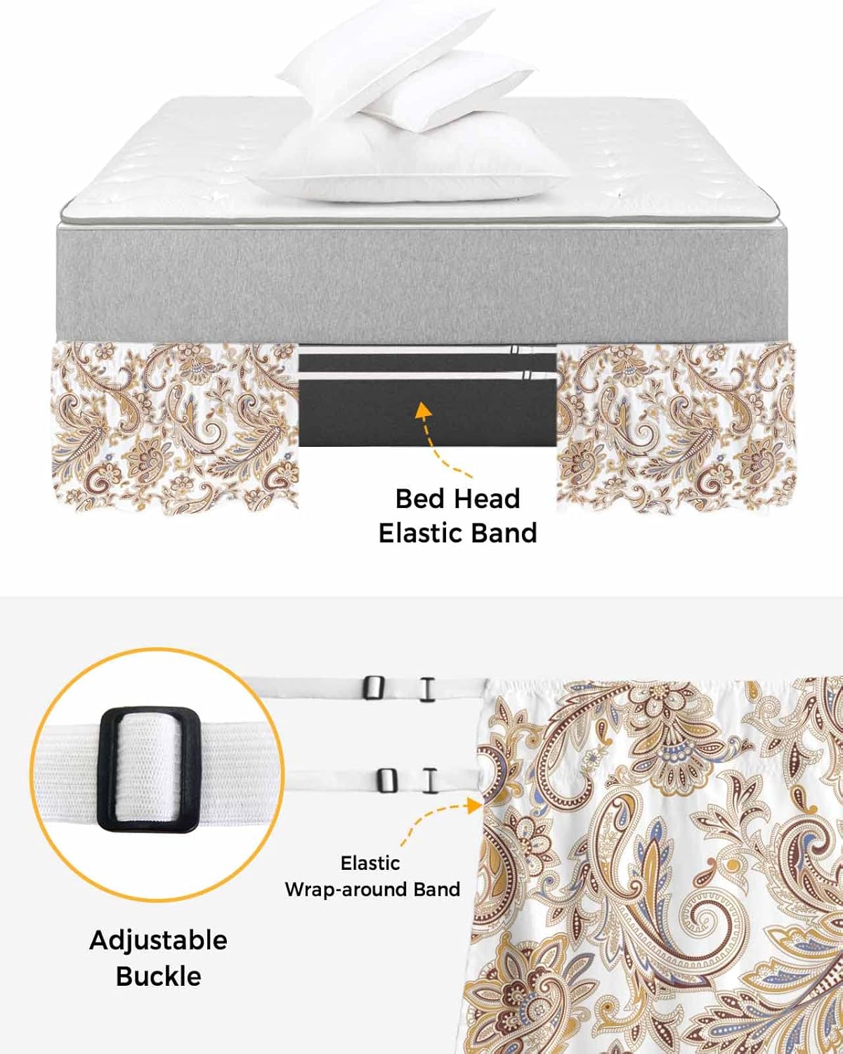 Boho Paisley Bed Skirt Queen Size 16 Inch Drop, Adjustable & Elastic Wrap Around Bed Skirts Pleated Luxury Dust Ruffles for Twin Full Queen Cal King Base Bed, Da-mask Floral Print Bohemian Style