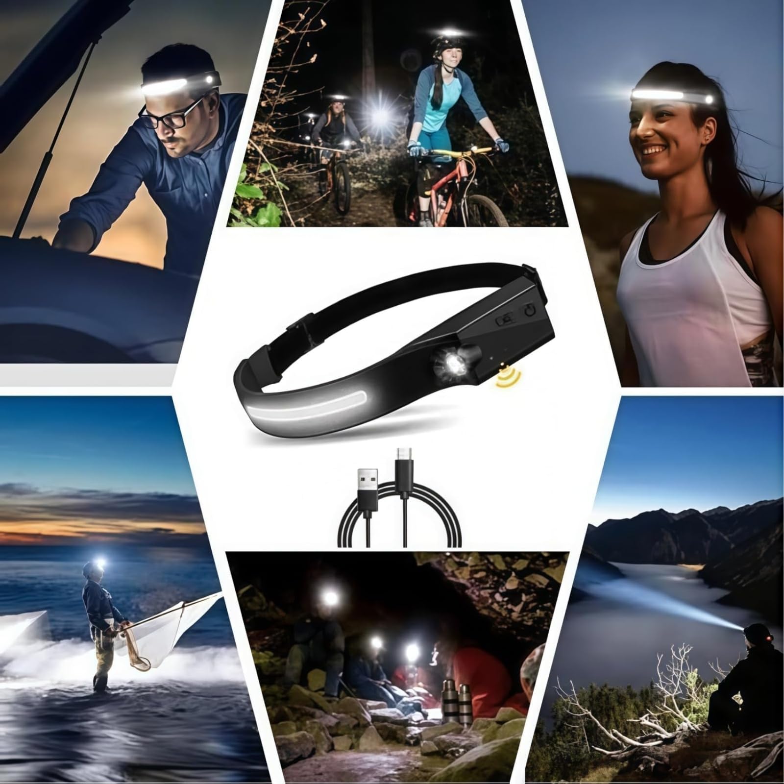 Adventure Light 2.0 - Das Original COB-Chip LED 230°Weitwinkel Stirnlampe Wiederaufladbar , USB-Typ-C Schnellladung Doppel-Schalter Handwisch-Sensor Kopfband Stoßfest Wasserdicht flexibel (2 Stück)