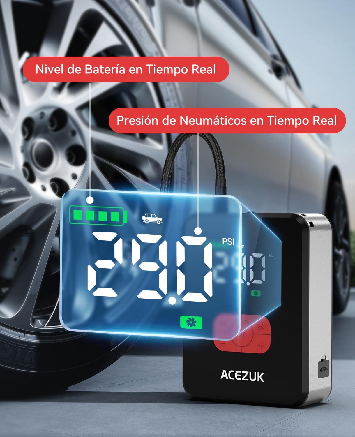 ACEZUK 7000A Arrancador de Baterias de Coche con 150PSI Compresor de Aire, Arrancador Coche Portatil con Inflador(Todo Gas o 12.0L Diésel), 12V Jump Starter, Pantalla Grande LCD, 600 Lúmenes LED