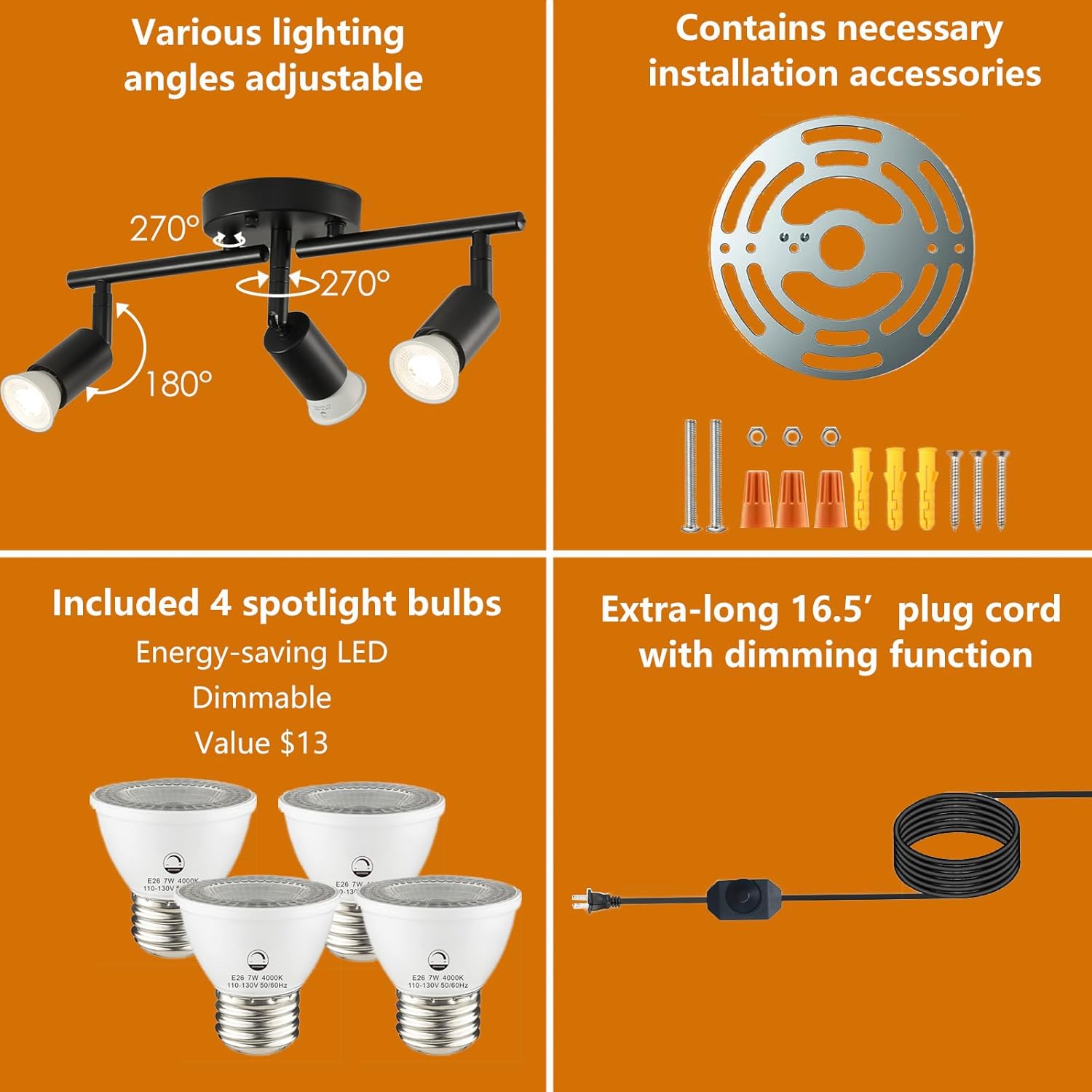 Dimmable Plug in Track Light Black 4 Light Plug in Ceiling Lighting Fixture with 16.4' Long Cord,4 Way Ceiling Spotlight,Rotatable Wall Mount Light Head,LED dimmable Spot Bulbs Included