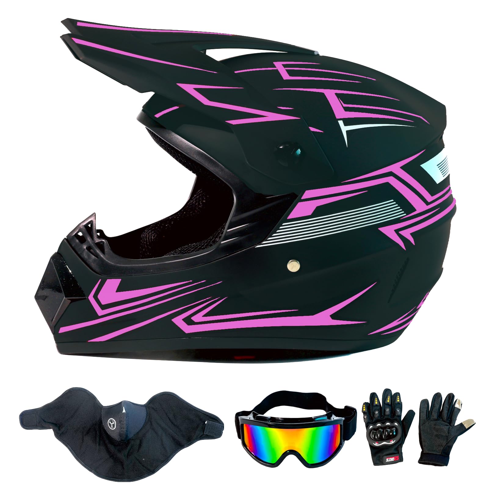 Photo 1 of LASFRE Dirt Bike Helmet Motocross ATV Motorcycle Full Face Off-Road Mountain Bike Helmet DOT with Goggles Gloves Mask Purple Stripe M (56-57 cm)