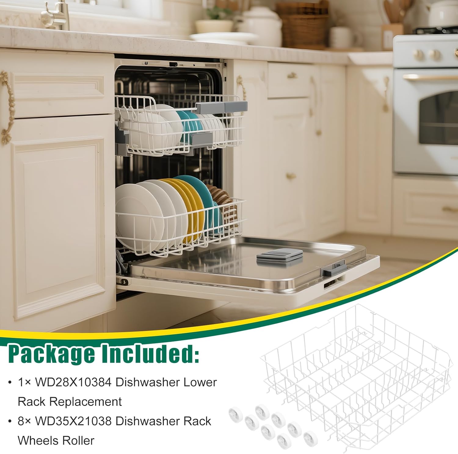 Upgraded WD28X10384 Dishwasher Lower Rack Replacement Compatible with GE Dishwasher Bottom Rack GLD4500V00CC, GLC4400R40BB, GLD5660V00SS with WD35X21038 Wheels