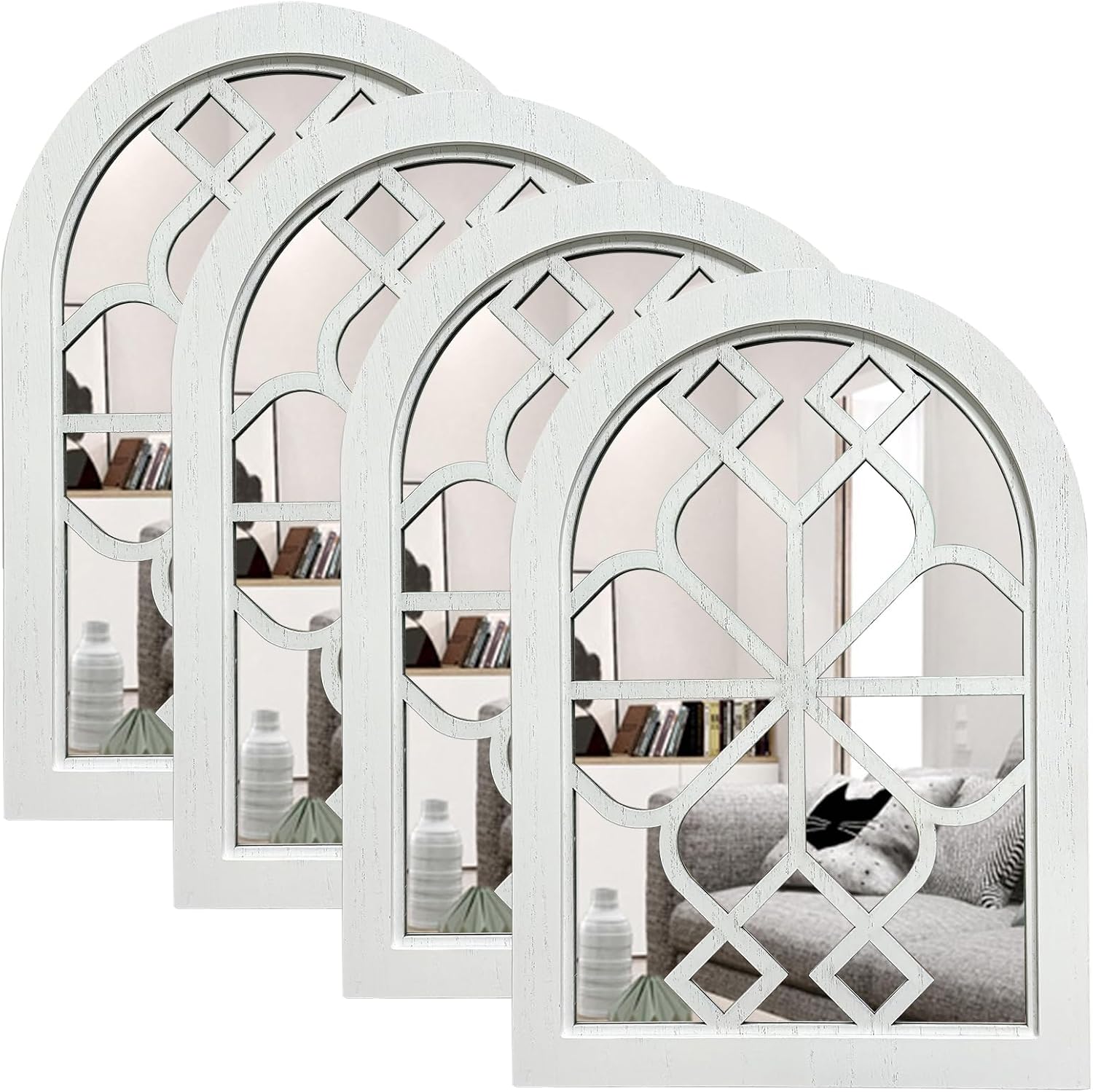 ZEXUIRU Set of 4 Arched Window Wall Mirror Rustic Farmhouse Accent Mirror Wood Framed Entry Wall Decoration for Living Room Bathroom Bedroom Kitchen