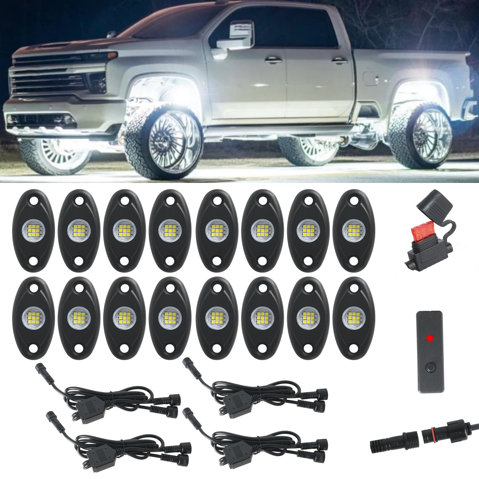 16pods White Led Rock Lights with Switch 118inch Extended Wiring Harness