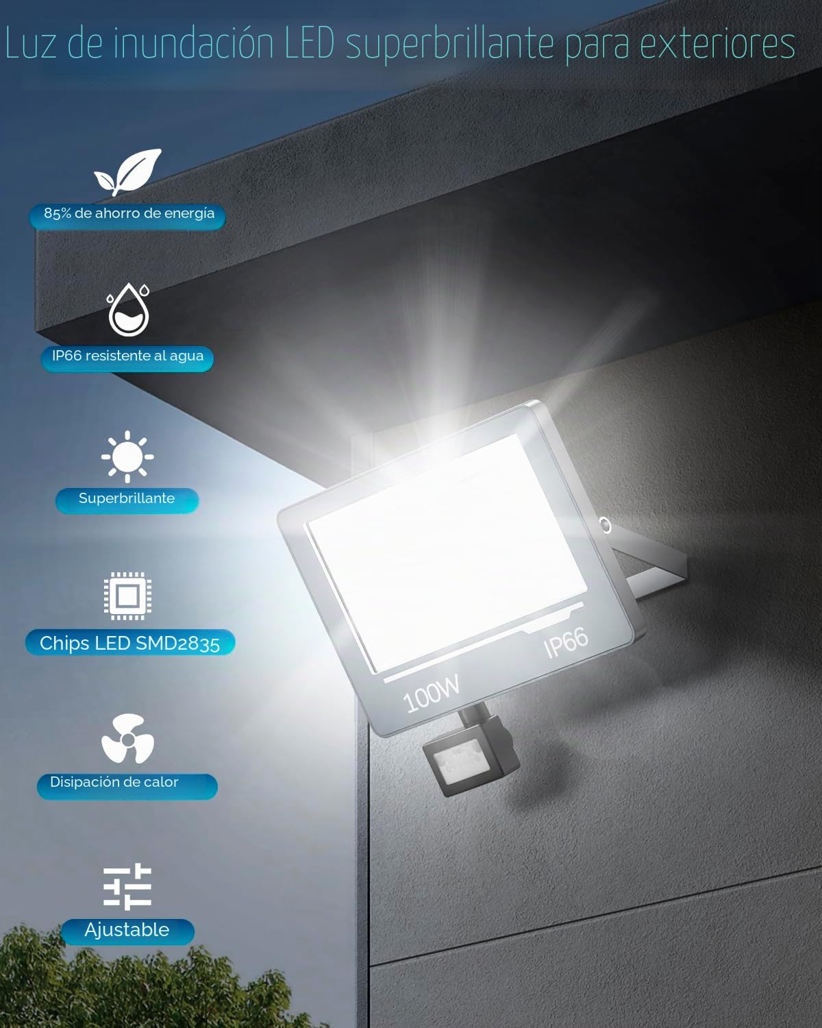 Focos LED Exterior con Sensor de Movimiento 100W 10000LM 2 Piezas - 6500K Foco LED con Sensor de Movimiento IP66 Impermeable para Jardin Patio