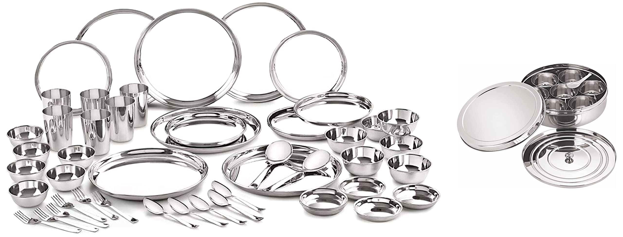 Neelam Stainless Steel 24 Gauge Premium Dinner Set, 50 pcs, Silver & Stainless Steel Masala Dabba - 825 Ml, 10 Pieces, Silver (B09SM2K7GV) Amazon Price History, Amazon Price Tracker
