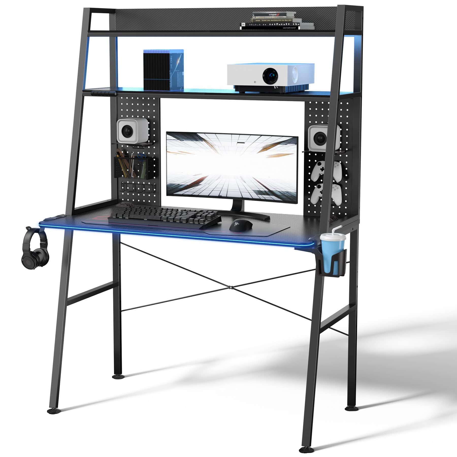 EUREKA ERGONOMIC Gaming Desk with Storage & LED Lights, 2Tier Shelves