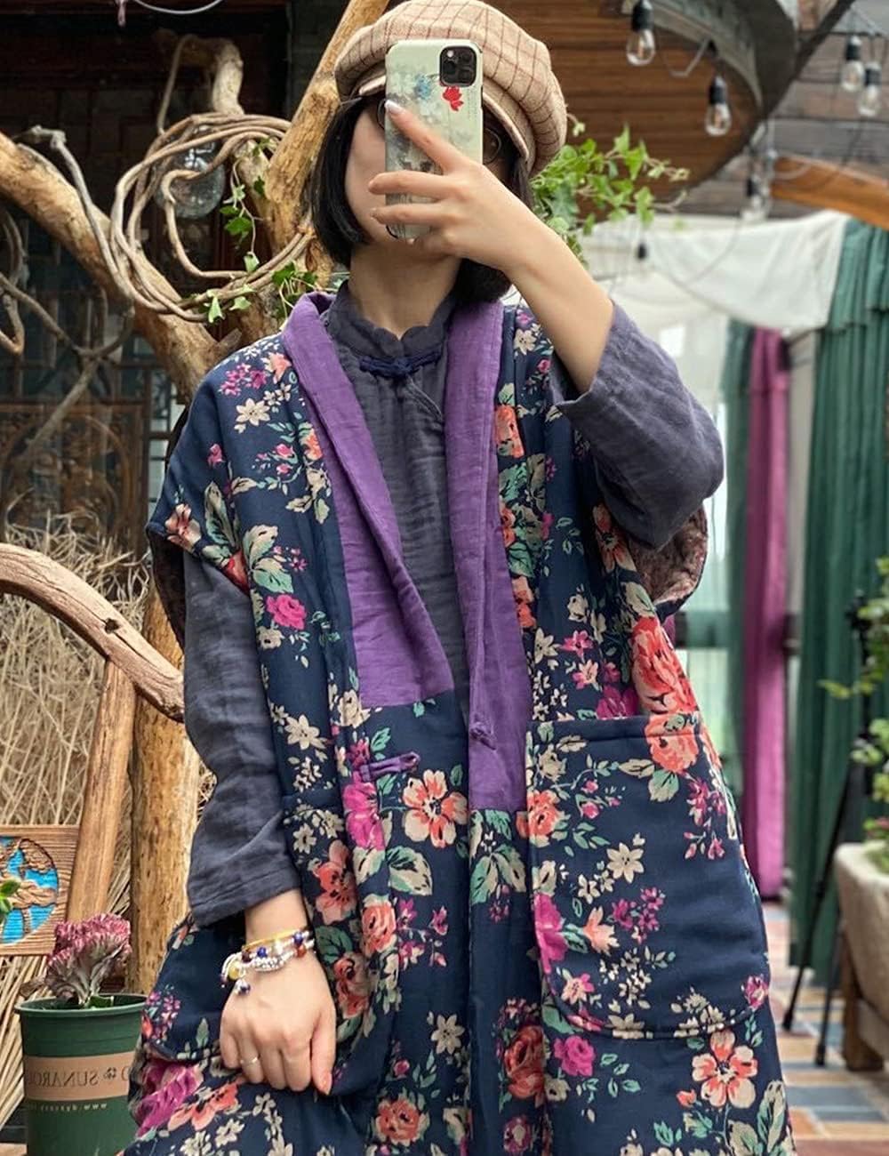 LUZU JUNU Women Fall Spring Sleeveless Vests Cotton Print Floral Long Vests Chinese Vintage Patchwork Waistcoat